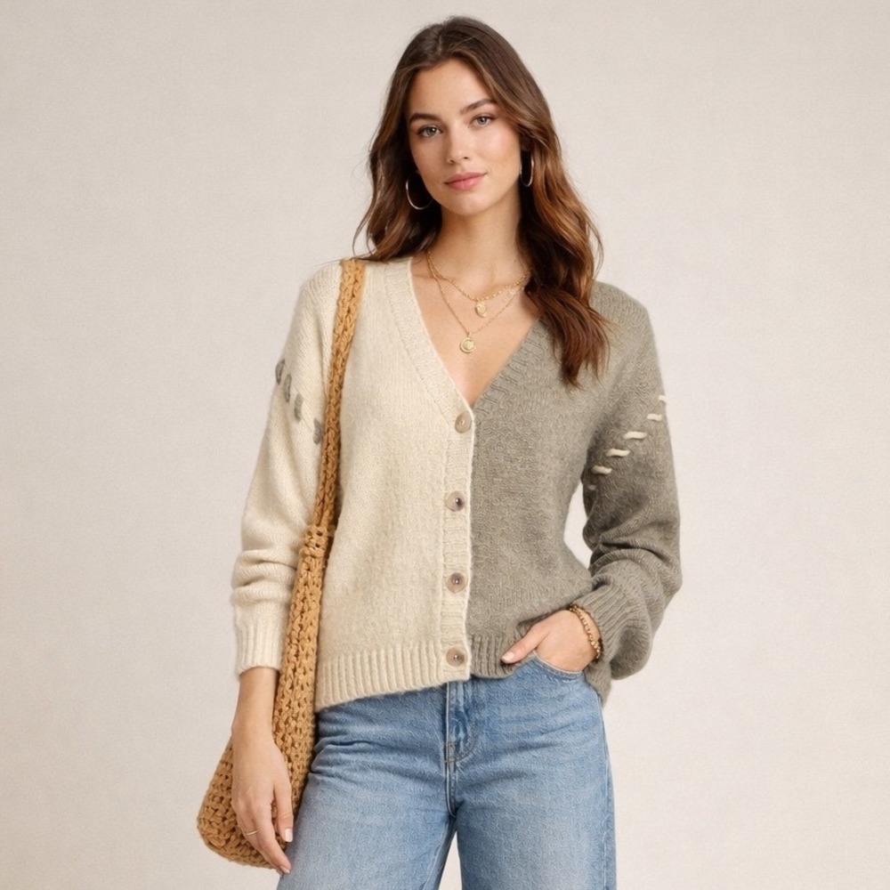 BIBI Color Block Two Tone V Neck Button Up Knit Wool Cardigan Sweater Small